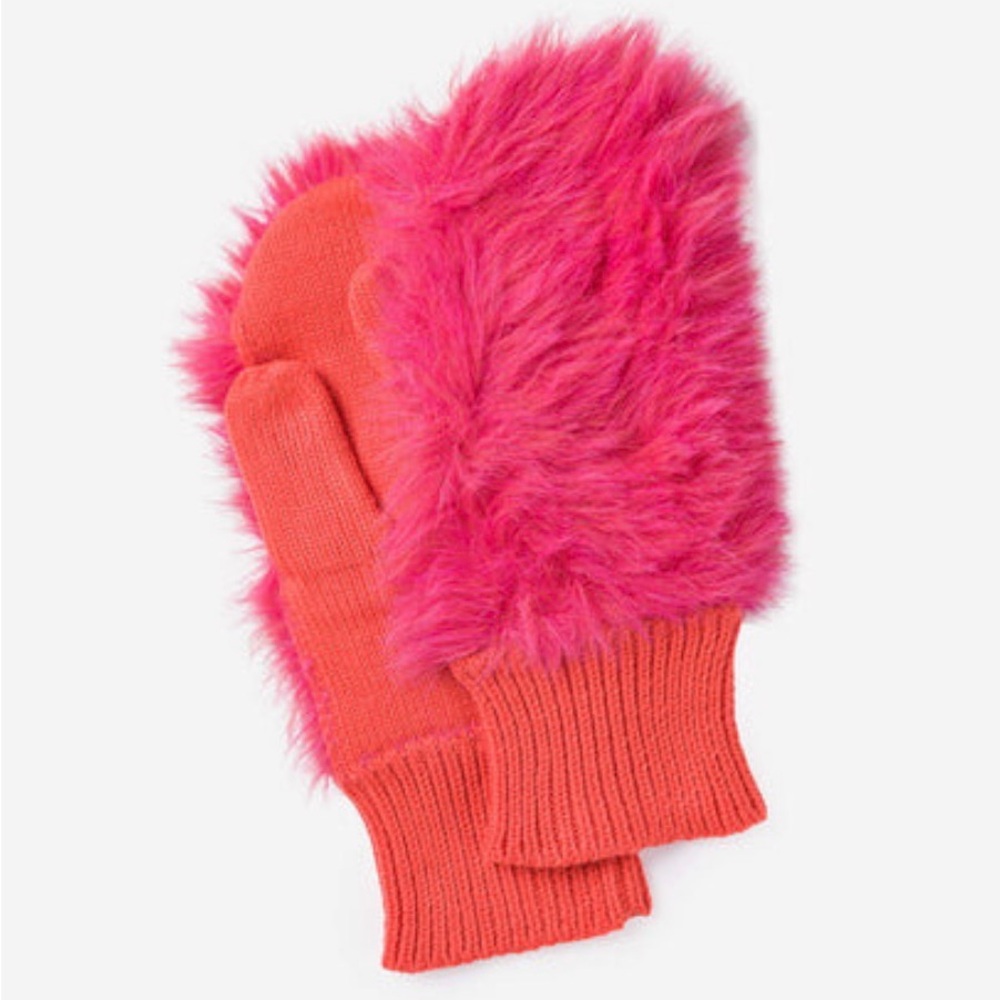 FAUX FUR KNIT MITTENS warm soft - hot pink and salmon color